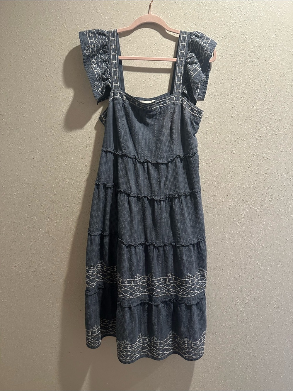 Knox Rose Navy Blue Tiered Midi Dress with White Embroidery
